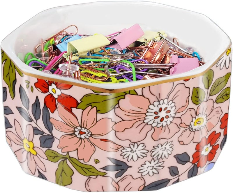 LEAZUL Ceramic Paper Clip Holder Gold Line Paper Clip Dispenser Organizer for Desk Cute Floral Pattern Office Binder Clip Holder Bobby Pin and Hair Clip Holder Gift for Office Pink Flowers - Image 1